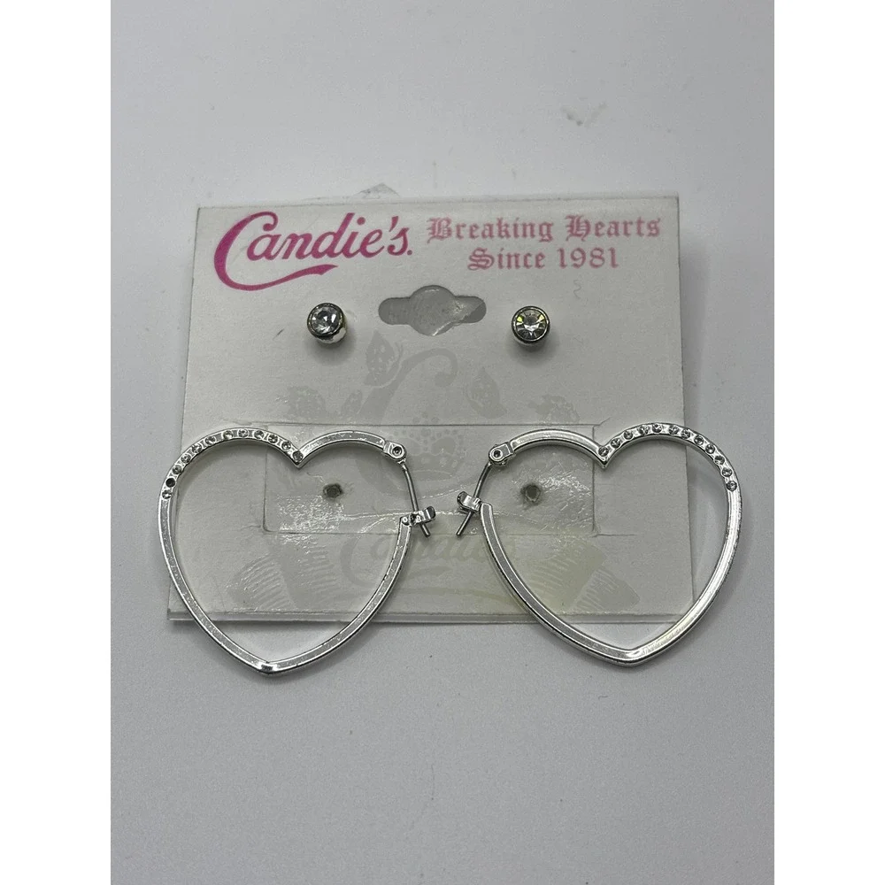 Candies‎ Silver Tone Heart Hoop Rhinestone Earrings and Stud Set 2 Pair New